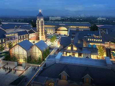 Vibrant Commercial Street Night View Featuring Clock Tower Arched Buildings Illuminated Shops Pedestrians And Trees 3d model