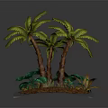 Lush Tropical Palm Trees With Green And Red Foliage On Mossy Ground Against Gray Background