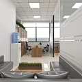 Bright Public Office Space With Desks Computers Windows And Green Plants 3d model