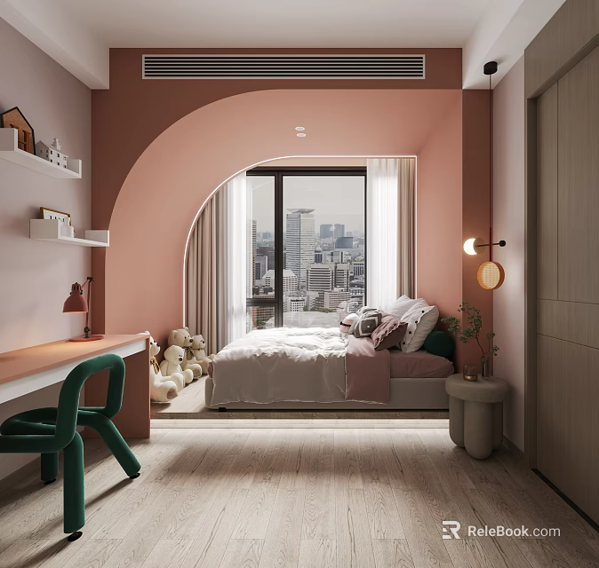 Kids Room With Pink Walls Arched Window City View Bed Green Chair And Stuffed Toys 3d model 