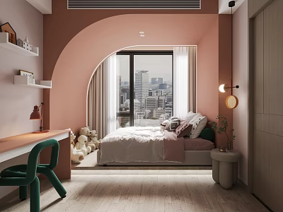 Kids Room With Pink Walls Arched Window City View Bed Green Chair And Stuffed Toys 3d model