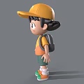 Cartoon Boy in Yellow Cap with Black Hair Orange Yellow T-Shirt Green Shorts and Backpack