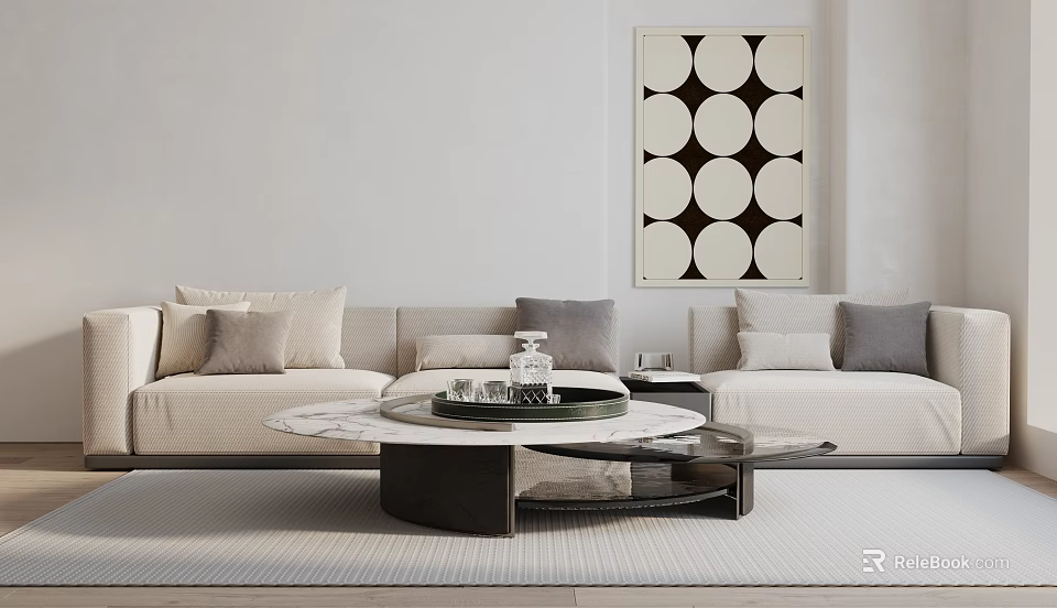 Minimalist Style Light Sectional Sofa With Cushions Marble Top Coffee Table And Geometric Wall Art 3d model 