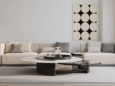 Minimalist Style Light Sectional Sofa With Cushions Marble Top Coffee Table And Geometric Wall Art 3d model