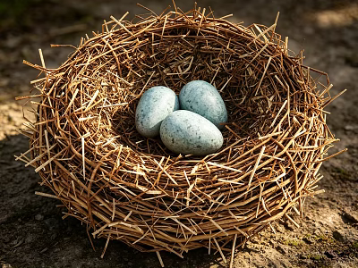 Natural Straw Bird Nest With Three Speckled Eggs In Outdoor Setting 3d model