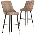Brown Leather Bar Stools With Tufted Back And Black Metal Legs Gold Accents
