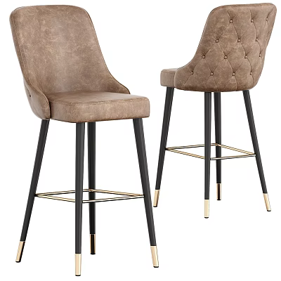 Brown Leather Bar Stools With Tufted Back And Black Metal Legs Gold Accents 3d model