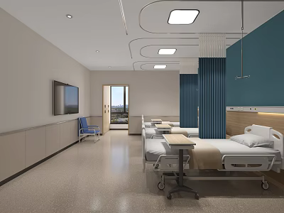 Modern Hospital Ward Interior With Beds Blue Curtains TV And Medical Equipment 3d model