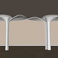 Three White Columns With Umbrella Shaped Tops And Lighting On Wooden Floor Wall Background
