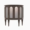 Semicircular Wooden Decorative Cabinet With Glass Doors Vertical Slats And Golden Handles