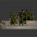 Cute Cartoon Scene With Small House Green Trees Garden Path And Decorations