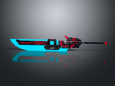 Futuristic Blue And Red Weapon With Metallic Barrel And Mechanical Parts 3d model