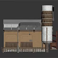 Industrial Equipment Setup Featuring Metal Cylindrical Tower Wooden Platform With Canopy And Connected Pipes