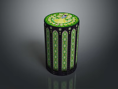 Cylindrical Decorative Lighting Fixture With Green Top And Patterned Black Frame 3d model