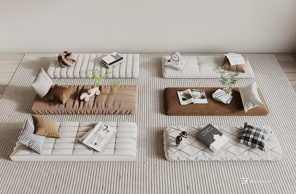 Cozy Living Essentials With Padded Mats Decorative Pillows Books And Small Green Plants 3d model 