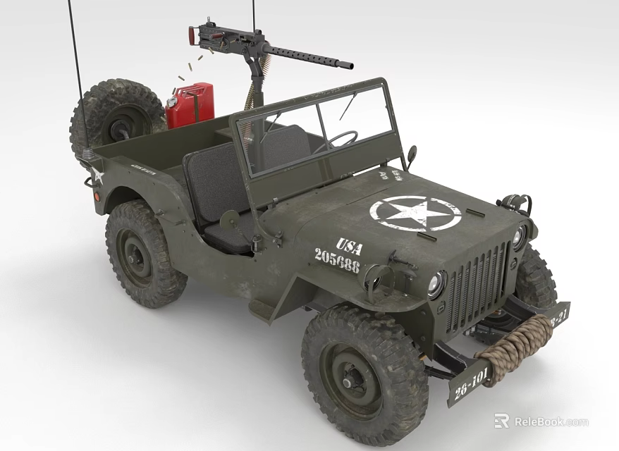 Military Green Army Jeep With Machine Gun Star Emblem Red Gas Can And Large Tires 3d model 