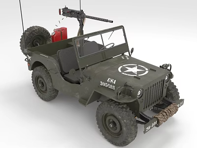 Military Green Army Jeep With Machine Gun Star Emblem Red Gas Can And Large Tires 3d model