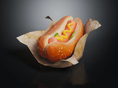 Delicious Hot Dog In Paper Tray With Mustard Ketchup And Fresh Bun 3d model