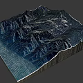 3D Terrain Model of Mountain Landscape with Blue Tones and Black Background