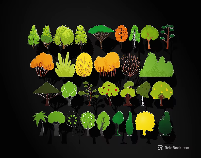 Colorful Tree Silhouettes Collection With Various Shapes And Green Orange Yellow Tones 3d model 