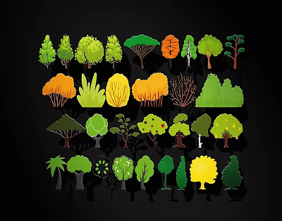 Colorful Tree Silhouettes Collection With Various Shapes And Green Orange Yellow Tones 3d model