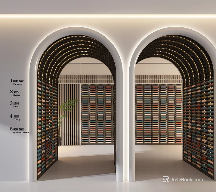 Arched Doorway Interior Design With Colorful Bookshelf Walls And Height Scale Markers 3d model 