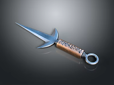 Decorative Dagger With Sharp Fish Fin Blade Copper Handle Intricate Patterns And Ring Pommel 3d model