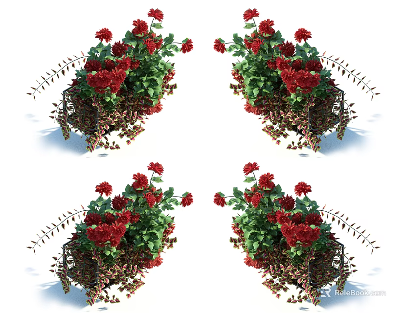 Colorful Red Flower Bouquets With Fresh Green Leaves And Decorative Dried Plants 3d model 