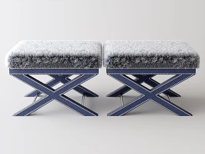 Pair of Modern Sofa Stools With Plush Gray Cushions And Blue Crossed Legs 3d model