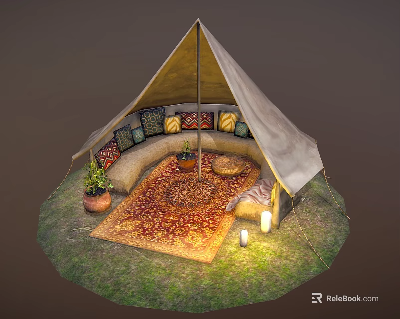 Decorative Garden Accent With Tent Like Outdoor Seating Area Grass Rug Cushions And Potted Plants 3d model 