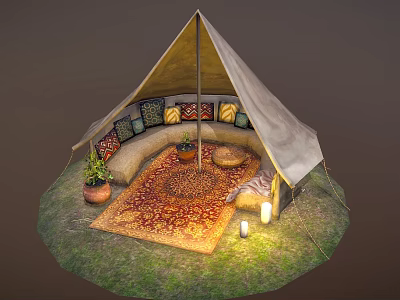 Decorative Garden Accent With Tent Like Outdoor Seating Area Grass Rug Cushions And Potted Plants 3d model