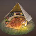 Decorative Garden Accent With Tent Like Outdoor Seating Area Grass Rug Cushions And Potted Plants