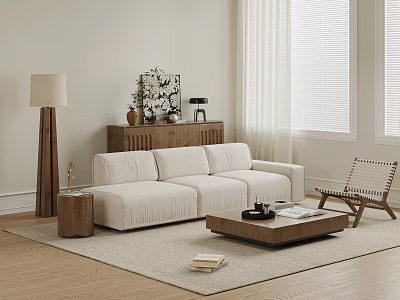 Modern Living Room Interior With White Sofa Wooden Coffee Table Woven Chair And Decorative Items 3d model