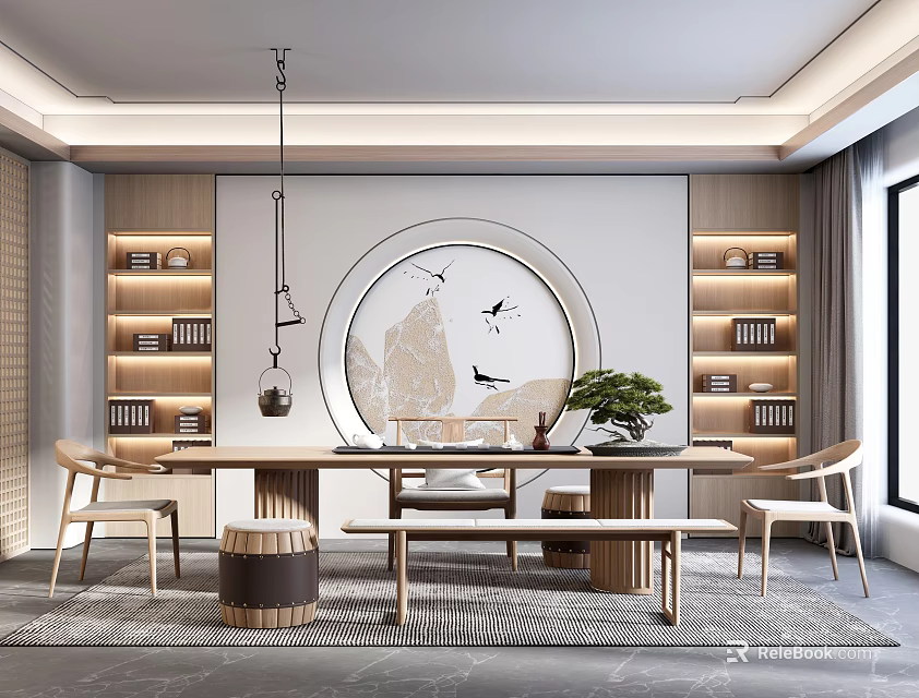 Traditional Chinese Tea Room Interior With Tea Table Chairs Bookshelves Hanging Lamp And Circular Art 3d model 