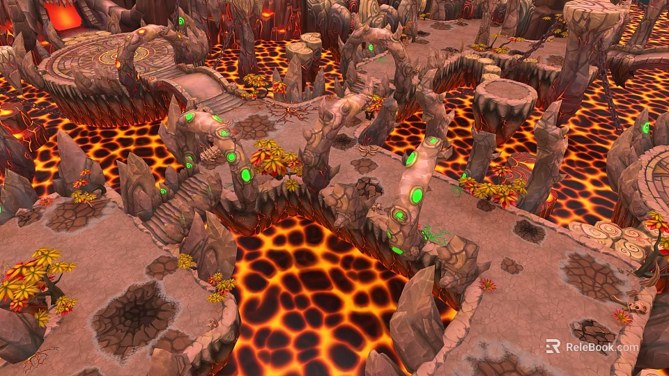 Volcanic Garden Landscape With Lava Pools Glowing Green Elements And Rock Pathways 3d model 