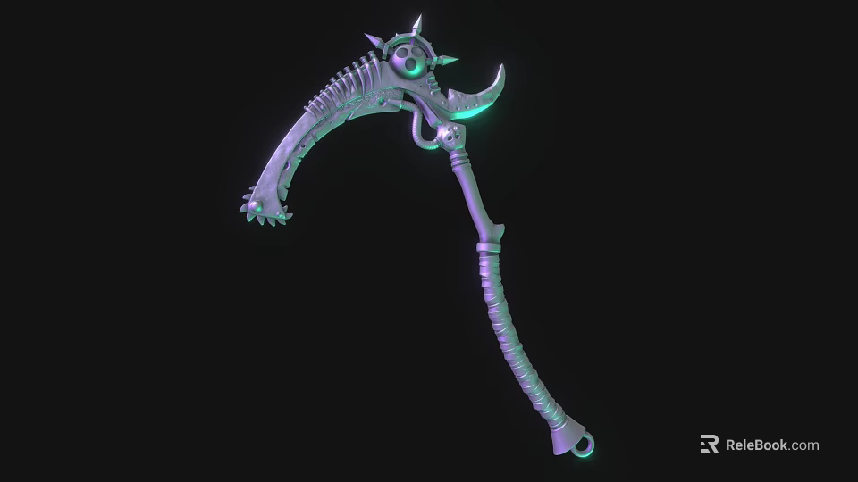 3D Model of Skeletal Scythe Weapon With Glowing Green Elements Spikes And Textured Handle 3d model 