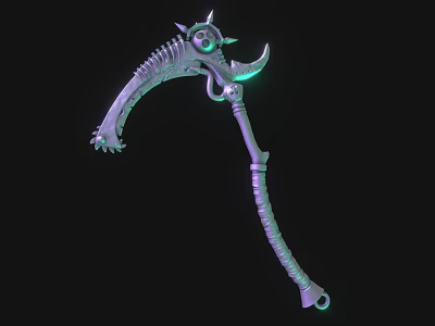 3D Model of Skeletal Scythe Weapon With Glowing Green Elements Spikes And Textured Handle 3d model