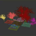 Various Green Trees of Different Sizes Planted in Soil Plots with Natural Foliage