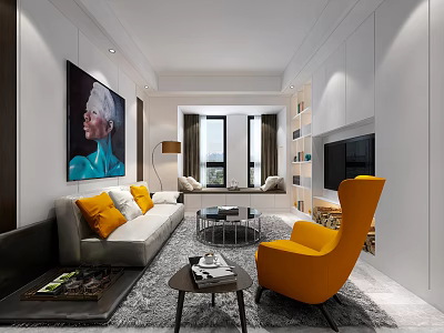 Modern Living Room Featuring Gray Sofa Yellow Cushions Orange Armchair Wall Art And Large Windows 3d model