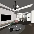 Elegant Modern Living Dining Room With White Walls Chandelier Pink Sofa And Marble Coffee Table