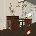 Elegant Wooden Bar Counter With Bar Stools Glass Cabinet Vase And Wine Decor Items