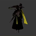 Eastern Style Warrior Character Wearing Large Hat With Yellow Sash And Weapon
