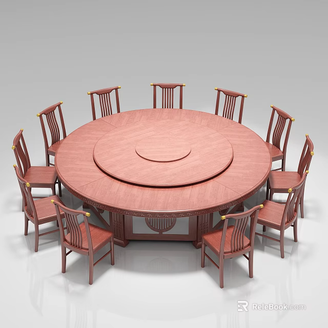 Traditional Chinese Style Solid Wood Round Dining Table Set With Turntable And Matching Chairs 3d model