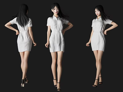 Woman In White Dress And Black High Heels From Three Angles On Black Background 3d model