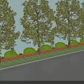 Plant Combination With Tall Trees Trimmed Bushes And Red Flowers Along Roadside