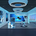 Futuristic Lounge Interior With White Curved Sofas Round Tables And Blue Hexagonal Lights 3d model