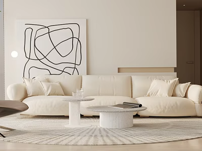 Modern Minimalist Cream Sofa and Coffee Table Set with Abstract Painting and Light Rug 3d model