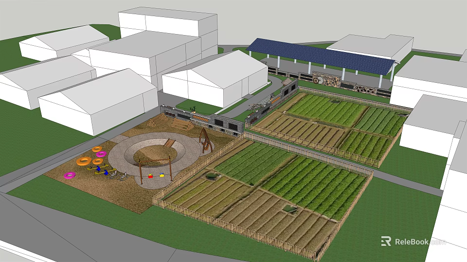 Children's Play Area Featuring Circular Playground And Surrounding Farm Fields Near Buildings 3d model 