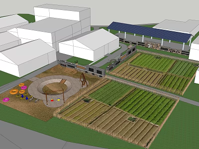 Children's Play Area Featuring Circular Playground And Surrounding Farm Fields Near Buildings 3d model