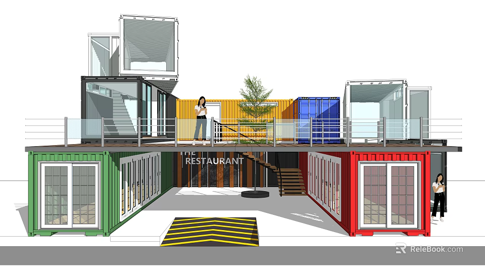 Colorful Container Homestay Building Featuring Open Terrace Staircase And Green Tree 3d model 
